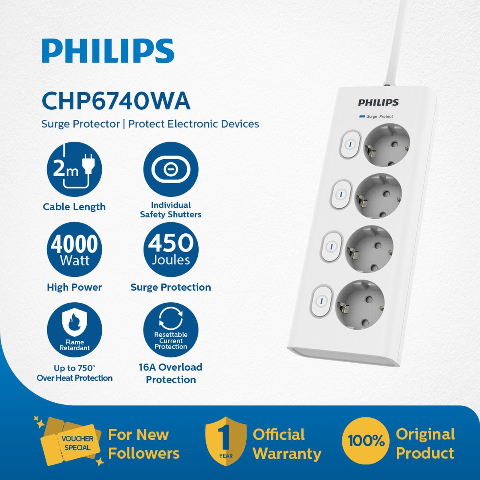 Philip Power Strip Surge Protector With Individual Switch 2M 3 Socket | 4 Socket | 5 Socket | 6 Socket [Garansi Resmi] 2