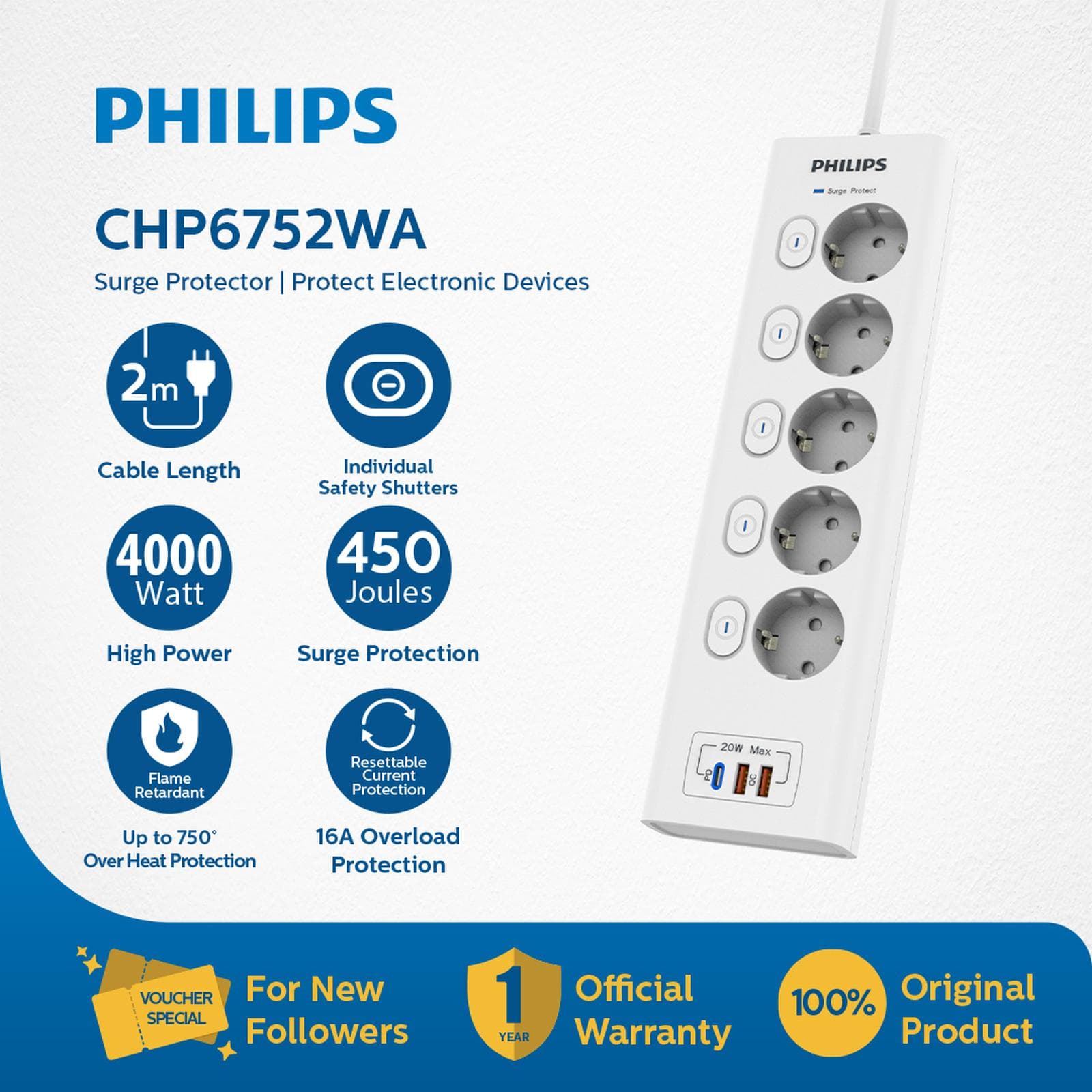 Philip Power Strip Surge Protector With Individual Switch 2M 3 Socket | 4 Socket | 5 Socket | 6 Socket [Garansi Resmi] 3