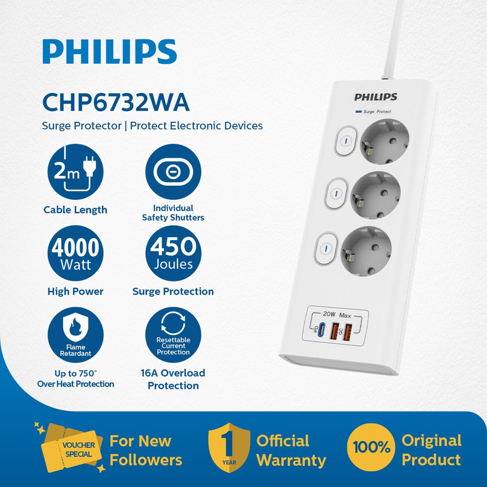 Philip Power Strip Surge Protector With Individual Switch 2M 3 Socket | 4 Socket | 5 Socket | 6 Socket [Garansi Resmi]