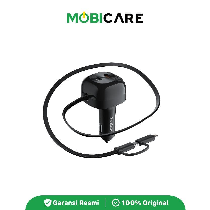 Choetech TC0036 Car Charger Dual Port 1A1C 75W with Retractable Cable CL Black  Fast Charging PD  USB-C + USB-A